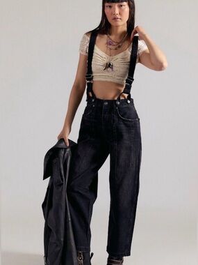FREE PEOPLE Berkely High-Waist Black Denim Jeans with Removable Suspenders